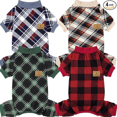 XPUDAC 4 Pack Dog Pajamas for Small Dogs Cats Plaid Doggie Clothes Puppy Onesies Christmas Pajamas Jumpsuits Pet Pjs Shirt Apparel Medium, Red Green Beige Grey