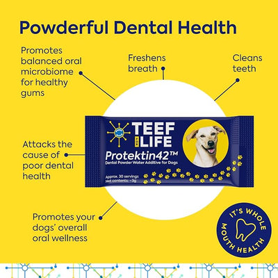 TEEF for Life Protektin42 Prebiotic Dog Dental Powder Refill - 30 Servings (1 Packet) Tasteless Natural Water Additive for Dogs & Puppies, Teeth Cleaning, Bad Breath, Tartar & Plaque, 4-Ingredients