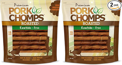 Pork Chomps Dog Chews, Roasted Pork Skin, 6-inch Twists | 15 Count | Pack of 2