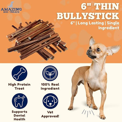 Amazing Dog Treats - Bully Sticks for Small Dogs (6 Inch Junior - 25 Count) - Premium Thin Bully Sticks for Dogs - Best Bully Stick Dog Chews - Bully Bones for Puppies and Small Breeds