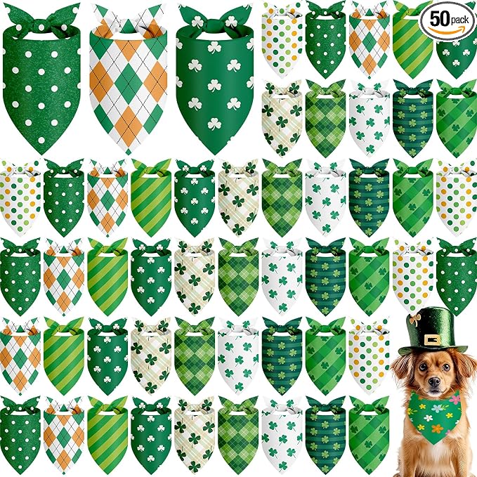 Weewooday 50 Pcs St Patricks Day Bandanas Bulk for Dogs Adjustable Irish Shamrocks Clover Green Plaid Triangle Soft Bibs Puppy Bandana for Small Medium Large Cat Pet Costume(31.5 x 21.7 X21.7 Inch)