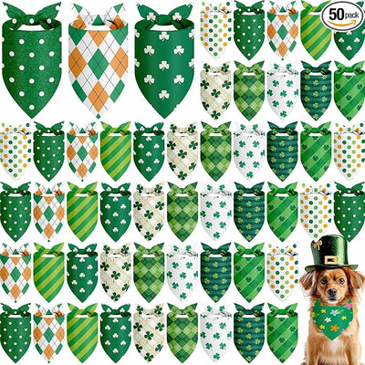 Weewooday 50 Pcs St Patricks Day Bandanas Bulk for Dogs Adjustable Irish Shamrocks Clover Green Plaid Triangle Soft Bibs Puppy Bandana for Small Medium Large Cat Pet Costume(31.5 x 21.7 X21.7 Inch)