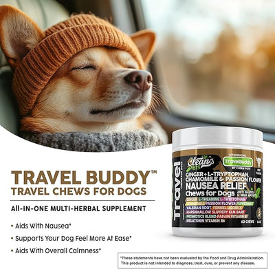 Clean Pets Travel Chews Nausea Relief for Dogs | Ginger L-Tryptophan Chamomile Passion Flower L-Theanine Peppermint Valerian Root Fennel Licorice Root Marshmallow Root Slippery Elm Melatonin Chew