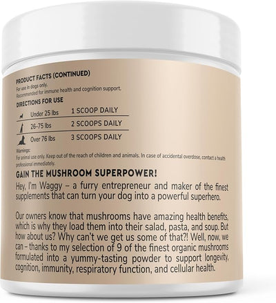 Wonder Paws Immune Support Mushroom Powder for Dogs – Organic Mushroom Complex for Immunity, Cognition, Cellular Health, Longevity - With Turkey Tail Mushroom for Dogs, Reishi & Lions Mane – 90 Scoops