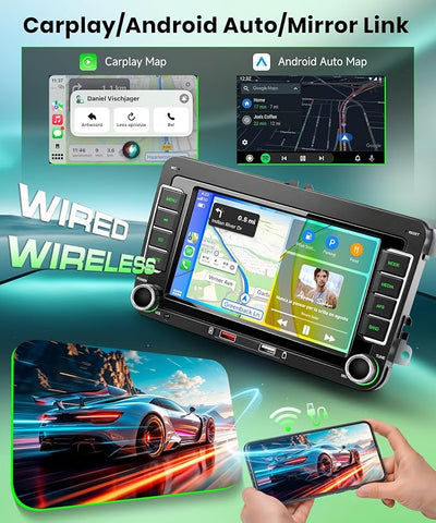 Rimoody Double Din Car Stereo Wireless Carplay Android Auto for VW Passat Golf MK5 MK6 Jetta T5 EOS Seat Sharan, 7'' Car Radio IPS Screen GPS Bluetooth FM/AM/RDS EQ SWC Backup Camera Dual USB Ports