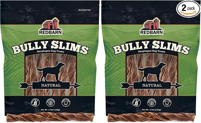 Redbarn Bully Slims Esophagus Dog Treats – 4.7 oz Bag – Single Protein Made with Natural Beef Esophagus, Slow-Roasted for Maximum Flavor – No Rawhide, Highly Digestible Chew, Gluten-Free (Pack of 2)