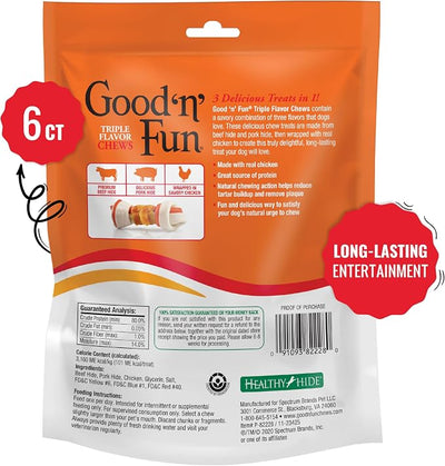 Good ‘n’ Fun Triple Flavor 4-Inch Bones for All Dogs, 6 Count, Treat Your Dog to Long-Lasting Chews Made with Beef Hide, Pork Hide and Chicken