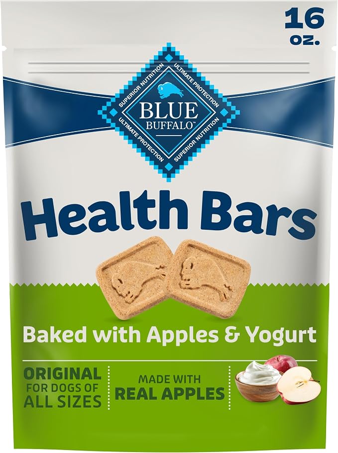 Blue Buffalo Health Bars Apples & Yogurt Crunchy Dog Biscuits, Oven-Baked with Real Apples & Natural Ingredients, Healthy Dog Treats with No Artificial Flavors or Preservatives, 16 oz.