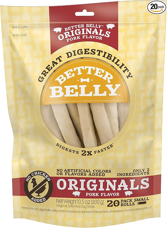Better Belly Rolls Originals Pork Flavor Small Rolls, 20 Count, Great Digestible Rawhide