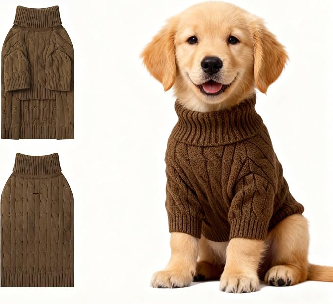 Small Dog Thermal Pullover Sweater, Classic Turtleneck Cable Knitwear Dog Clothes for Cold Weather Warm Pet Clothes for Chihuahua, Bulldog, Dachshund, Pug Tan XX-Large