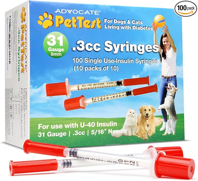 PetTest U-40 Pet Insulin Syringes 0.3CC 31G, 5/16 Inch Long Needles, Comfortable Thin 31 Gauge, For Cats and Dogs, Pets Diabetic Supplies, 100 Pack