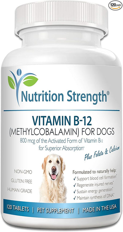 Vitamin B12 for Dogs Plus Folate & Calcium, Support the Nervous System & Blood Cell Formation, Help Sustain Cellular Energy Generation & Maintain DNA Synthesis, 120 Chewable Tablets
