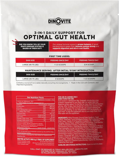 Dinovite Probiotics for Dogs, Probiotic Powder Food Topper for Large Dogs (45+ lb), Daily Digestive Health & Skin Support with Omega-3s, 30 Servings
