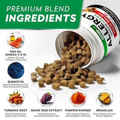 StrellaLab Dog Allergy Relief & Anti Itch Support Chews w/Omega 3: Real Ingredients, Real Taste! Skin & Coat Immune Supplement w/Fish Oil, Pumpkin & Enzymes — Developed by Experts - Made in USA -120Ct