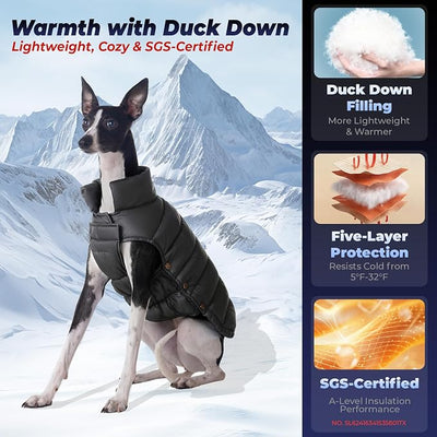 SPACE LION Dog Puffer Jacket, Down Winter Coat, Durable Outdoor Coat for Cold and Windy Conditions, Lightweight & Adjustable Fit Coats for Medium & Large Dogs,(Black, Size18/L+)
