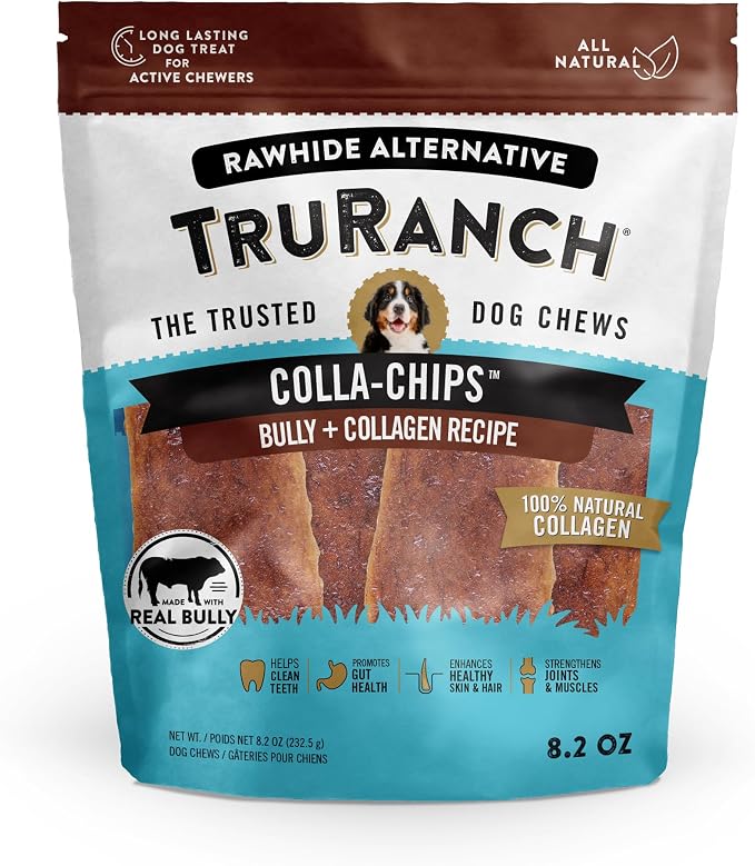 TRURANCH Collagen Chips - Collagen Dog Treats - Long Lasting Healthy Joint Support Dog Treat - Rawhide Alternative Chips - Skin & Coat Health - Made with Real Bully,1 Bag, 8.2 oz