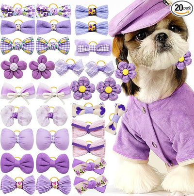 Mruq Purple Small Dog Hair Bows with Rubber Bands, Mix Handmade Cute Gooming Flower Ball Bows for Holiday Daily Accessories