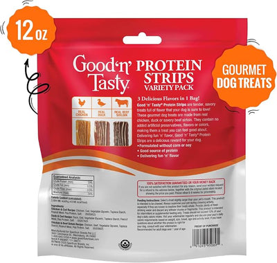 Good’n’Tasty Protein Strips Variety Pack, 12 oz, High-Protein Dog Treat with Real Chicken Or Duck and Savory Beef Sirloin, Jerky-Style Chew with No Added Artificial Preservatives, Flavors Or Colors