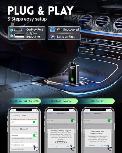 Amzfeel Wireless CarPlay Adapter for Apple iPhone iOS 10+ & Cars from 2015+, Mini Edition, Convert Factory Wired to Wireless CarPlay Dongle Plug & Play GPS Digital Media Receiver (Brushed Cobalt Blue)