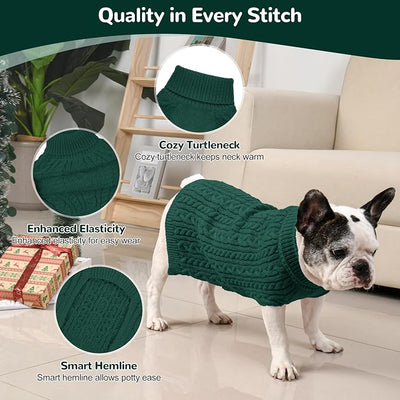 Dog Sweater 2 Pack for Medium Dogs, Size M, Green & Brown | Stretchy cable knit turtleneck, machine washable, high belly cut, comfy winter fit for French Bulldog, Pug