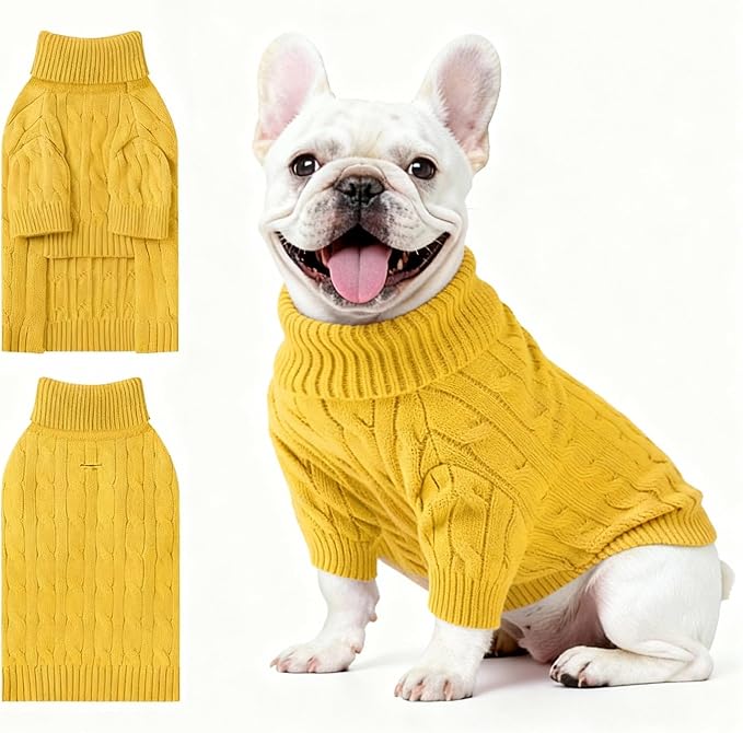 Small Dog Thermal Pullover Sweater, Classic Turtleneck Cable Knitwear Dog Clothes for Cold Weather Warm Pet Clothes for Chihuahua, Bulldog, Dachshund, Pug Yellow Large