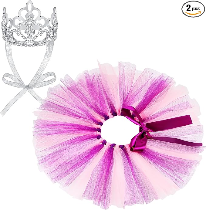 2 Pcs Dog Crown Headband Dog Tutu Dress Set Crystal Rhinestone Tiara Crown Tutu Skirt Pet Dress Costume for Puppy Birthday Party Wedding Photo Prop Costume(Medium,Pink Purple)