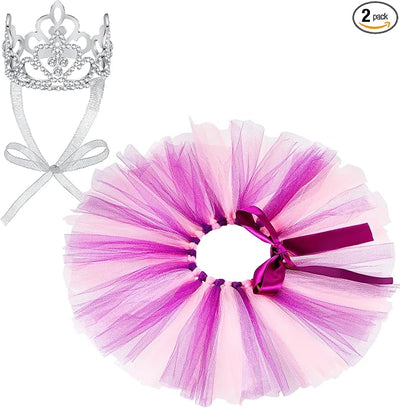 2 Pcs Dog Crown Headband Dog Tutu Dress Set Crystal Rhinestone Tiara Crown Tutu Skirt Pet Dress Costume for Puppy Birthday Party Wedding Photo Prop Costume(Medium,Pink Purple)