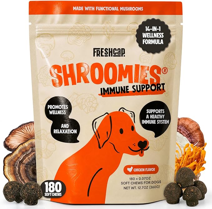 FreshCap Mushrooms Shroomies - 13 in 1 Turkey Tail Mushroom for Dogs, Super Blend Mushroom Supplement for Dogs, Dog Immune Support, Calming Treats (180 Soft Chews)