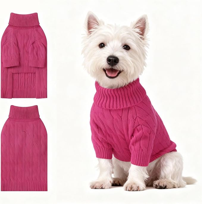 Small Dog Thermal Pullover Sweater, Classic Turtleneck Cable Knitwear Dog Clothes for Cold Weather Warm Pet Clothes for Chihuahua, Bulldog, Dachshund, Pug Hot Pink Medium