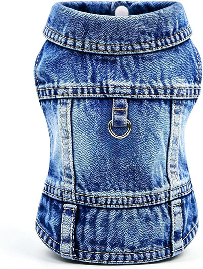 Dog Jean Jacket, Blue Denim Shirt Classic Lapel Vest Coat Costume Puppy T-Shirt, Comfort Tank Top Cool Apparel, Washed Pet Clothes for Dogs Boy Girl (with D-Ring, Large)