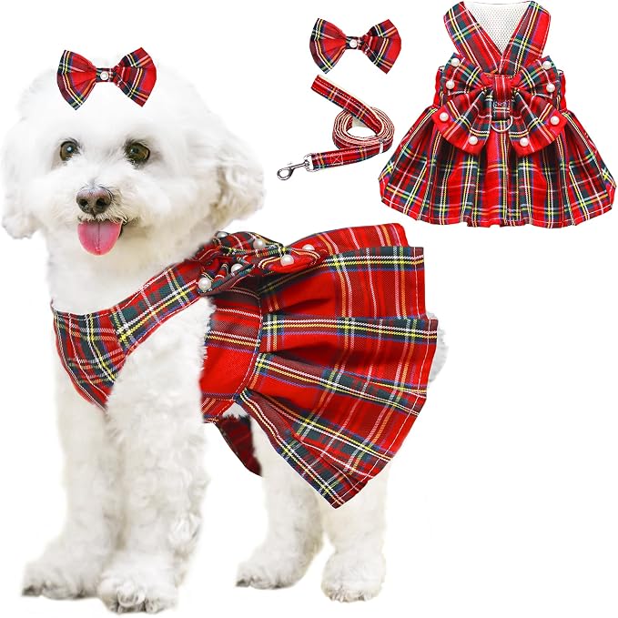 Dog Dress Bowknot Harness Leash Set for Small Dogs Girl Cute Plaid Dog Dress Pearls Bow Tie Spring Summer Princess Clothes Birthday Holiday Doggie Outfits for Puppy Cats Girl Apparel (Red, Medium)