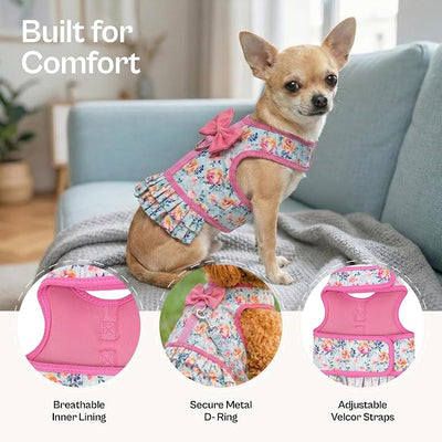 Parisian Pet Floral Dog Harness Dress - Breathable No Pull Puppy Dress with Pink Bow and Leash Ring - 100% Mesh Fabric Harnesses for Dogs - Soft Padded Step in Pet Vest - Dog Harness Small Sized Dogs