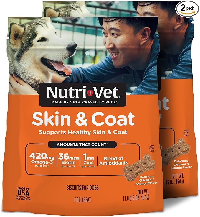 Nutri-Vet Skin & Coat Biscuits, Skin and Coat Supplement, Dog Treat, Dog Supplements, Omega 3 Fish Oil, Small Sized Biscuit, Made with Omega 3 and Biotin, Fish Oil Treat for Pets, 16 oz (Pack of 2)