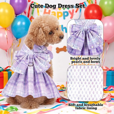 Dog Plaid Dress Harness and Leash Set with Pearls Bow Adjustable Puppy Dress Mesh Vest Bow Knot Pet Clothes for Cute Small Girl Dog Cat (Purple&White, Medium)