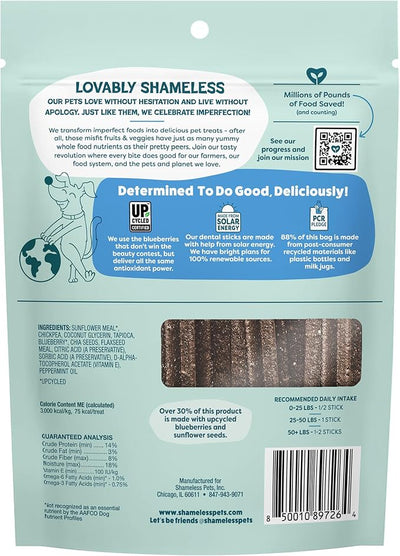 Shameless Pets Blueberry & Mint Dental Chews for Dogs, 8 Chews - Natural Dog Teeth Cleaning Treats with Fresh Breath Benefits | Grain-Free Dental Sticks for Small, Medium & Large Dogs