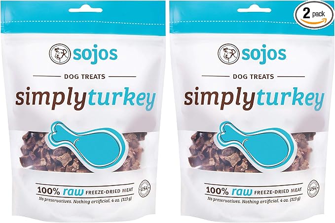 SOJOS 2 Pack of Simply Turkey Dog Treats, 4 Ounces each, 100 Percent Raw Freeze-Dried Meat, Made in the USA