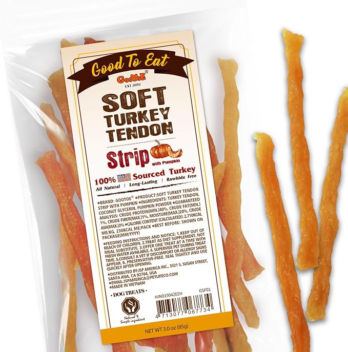 Gootoe Soft Turkey Tendon Strip with Pumpkin 3oz, Chewy Snack, USA-Sourced Turkey Tendon, Premium Training Chews, Hypoallergenic, Ideal for Small & Senior Dogs
