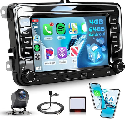4G 64G Android Car Stereo for VW Passat Golf MK5 MK6 Jetta T5 EOS Polo Touran Seat Sharan Wireless Carplay Android Auto, 7'' Touchscreen Car Radio with GPS/BT 5.0/5G-WIFI/32EQ FM Backup Camera SWC