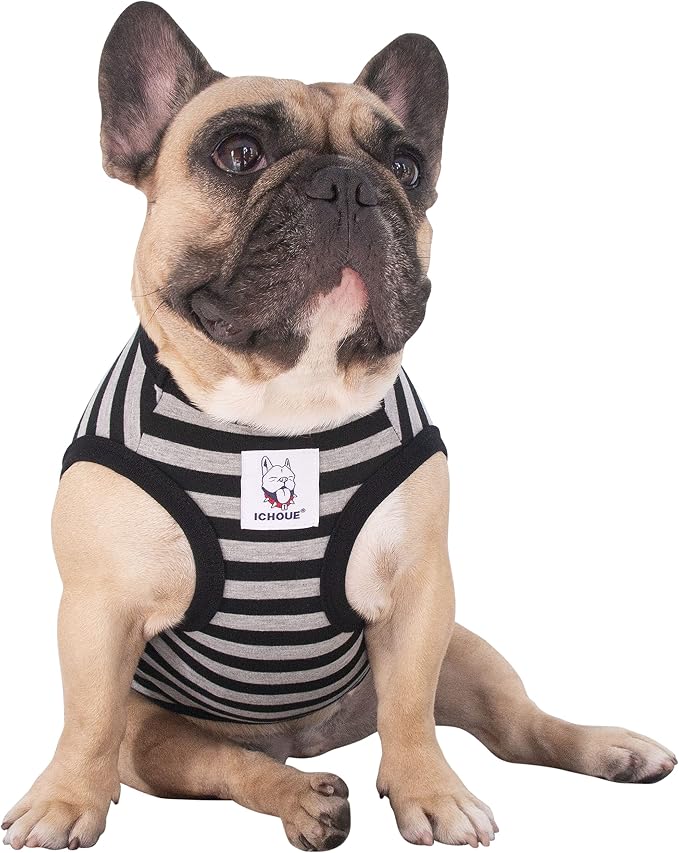 iChoue French Bulldog 100% Breathable Cotton Striped T Shirts Halloween Vest Clothes for Medium Dogs Tank Tops Frenchie Pug English Boston Terrier Pitbull Grey Black Stripes - Large Plus
