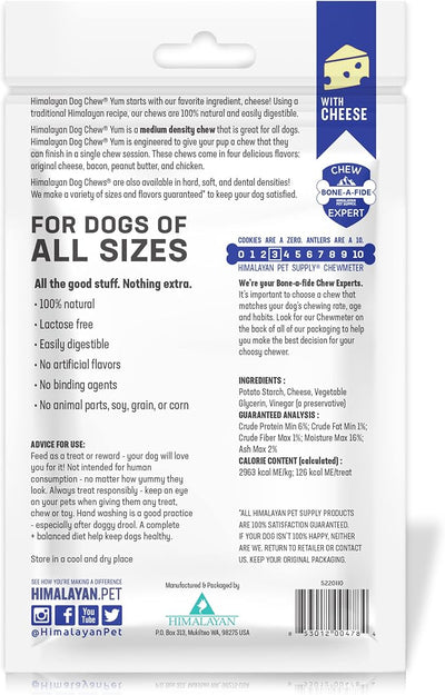 Himalayan Dog Chew Yak Cheese Dog Chews, Lactose Free & Grain Free, USA Made, for All Dog Breeds, Medium Density Cheese Chew, Resealable Pouch with 3 YUM Treats, Cheese Flavor