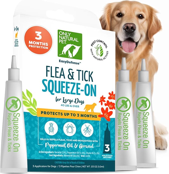 Only Natural Pet Flea and Tick Prevention for Large Breed Dogs (over 40 lbs) - EasyDefense Flea & Tick Herbal Squeeze-On Drops - 3 Month Supply