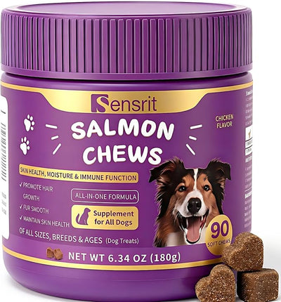 Salmon Oil Chews for Dogs - Omega 3 & 6 Skin and Coat Support with Astaxanthin, Vitamin C & E - 90 Soft Chews - Relief for Itchy Skin, Seasonal Allergies & Shedding - for All Breeds & Ages