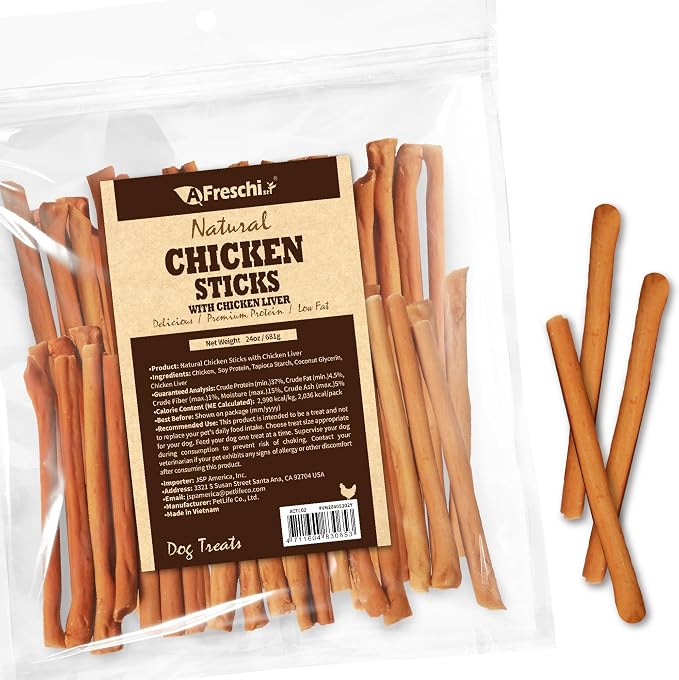 Afreschi Chicken Dog Treats, All Natural, Healthy & Easily Digestible, Grain-Free Puppy Chews, Low-Fat, Human Grade Training & Rewards Dog Snacks, Chicken Sticks with Liver, 24 oz Pack