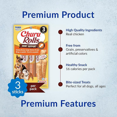 INABA Churu Rolls Joint Support for Dog, Functional Lickable Dog Treat with Taurine & Green Tea Extract, 1.26oz Each, 18 Tubes Total, Chicken Recipe