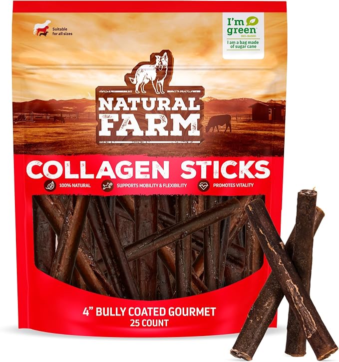 Natural Farm Bully Coated Gourmet Collagen Sticks (4 Inch, 25 Pack) – Real Bully Beef Coated, 95% Natural Collagen Dog Chews, Supports Healthy Joints, Skin & Coat - Best for Small & Medium Dogs