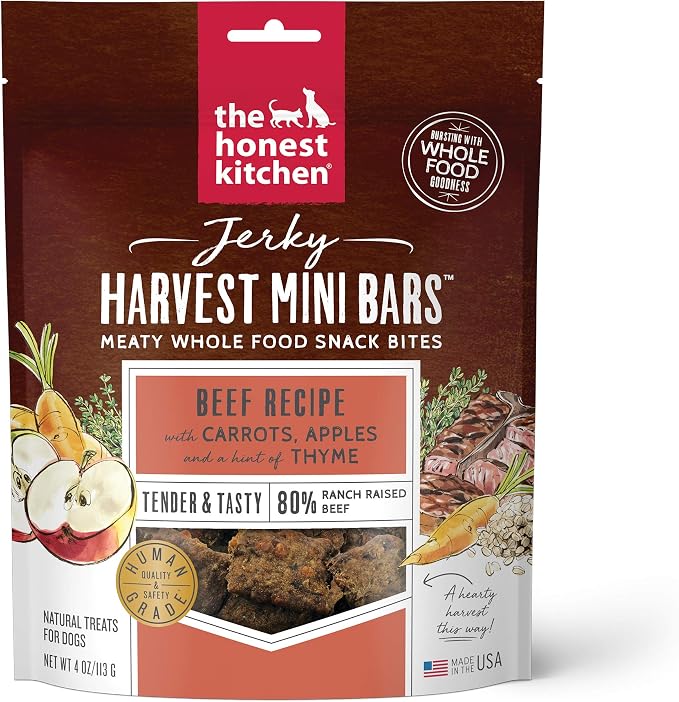 The Honest Kitchen Human Grade Dog Food Jerky Harvest Mini Bars: Beef Recipe With Carrots & Apples, 4 oz Bag