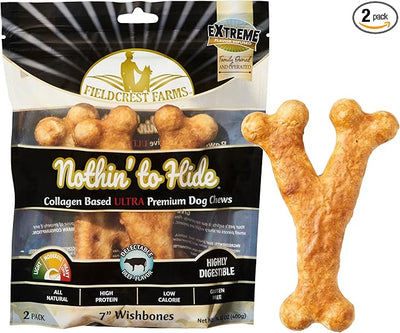 Fieldcrest Farms Nothin' to Hide Collagen-Based Dog Chews, Wishbone, Beef Flavor, Ultra-Premium, for Dogs Over 50lbs, Easily Digestible, Supports Skin, Coat, Joints & Muscles, 7-Inch, 2 Pieces
