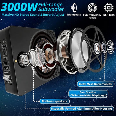 3000W Under Seat Subwoofer with Amp 10" Slim Powered Car Audio | 3-Way Full Range Sound with RGB Beat Sync LED, Bass Boost, Low Pass Filter, Plug & Play Design for Trucks SUVs and Cars