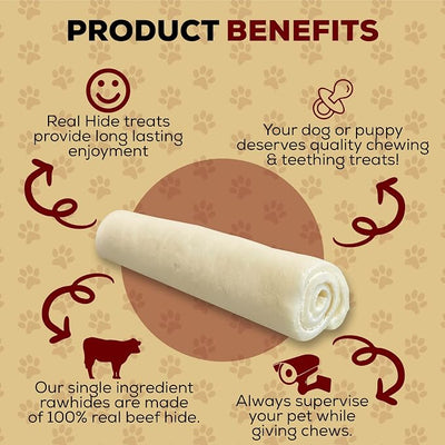 Real Hide All Natural Dog Chew Treats - Premium Rawhide Rolls, 9-10 Inch - Long Lasting Grass Fed Free Range Beef Hide for Medium/Large Dogs - 4 Count