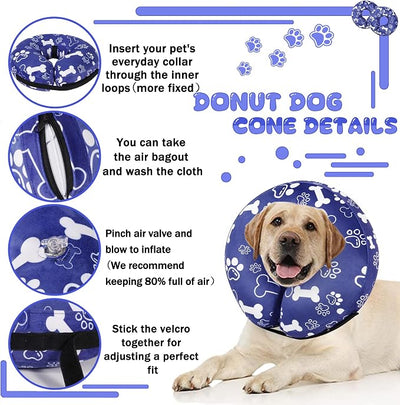 Recovery Donut Collar for Dogs & Cat,Inflatable Dog Cone Collar Alternative After Surgery,Soft Cone for Large Medium Small Dog,Adjustable Pet Neck Donut(Darkblue Bone,Large